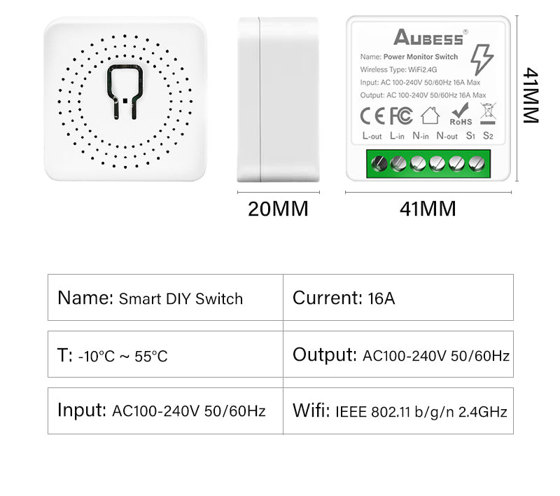 AUBESS Wifi 16A Mini Smart Switch | Power Monitor