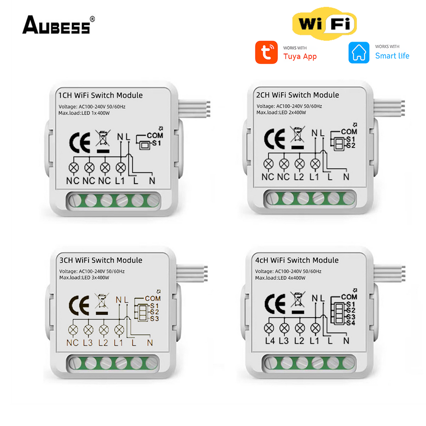 Aubess Tuya WiFi 1 / 2 / 3 / 4 gang Module | Voice Control